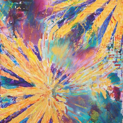 Abstract painting of an explosion. Has a deep purple and blue background, with orange foreground explosion elements with orange-golden foil mixed in.