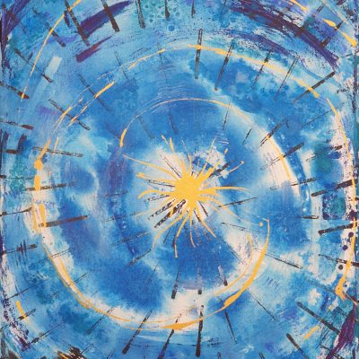 Abstract painting of 'light breaking through'. Uses blue and white elements in a spiral pattern, with gold and black foreground elements.