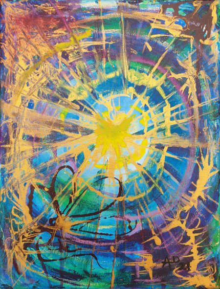 Abstract painting inspired by stained glass. A mostly deep blue and purple background with golden foreground elements.