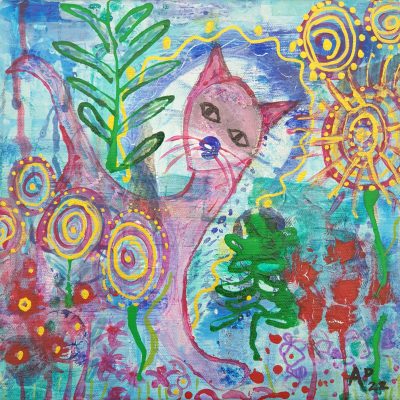 Abstract painting of a purple cat peeking out from behind abstract flowers and plants.