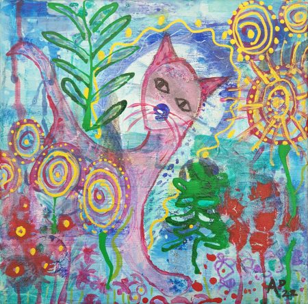 Abstract painting of a purple cat peeking out from behind abstract flowers and plants.