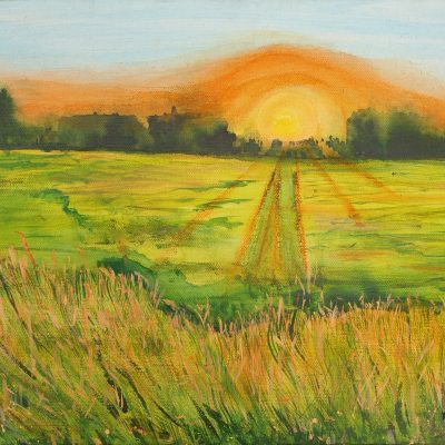 Painting of a sunset across a grassy plain with a woodland in the background.