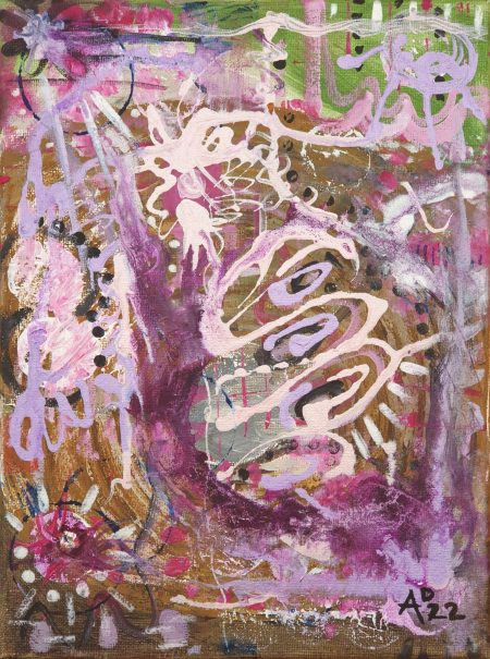 Abstract painting of the first appearance of spring, using a range of purple tones.