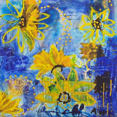 Painting of yellow flowers against a blue background.