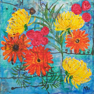 Painting of colourful orange, pink, and yellow flowers against a blue background.