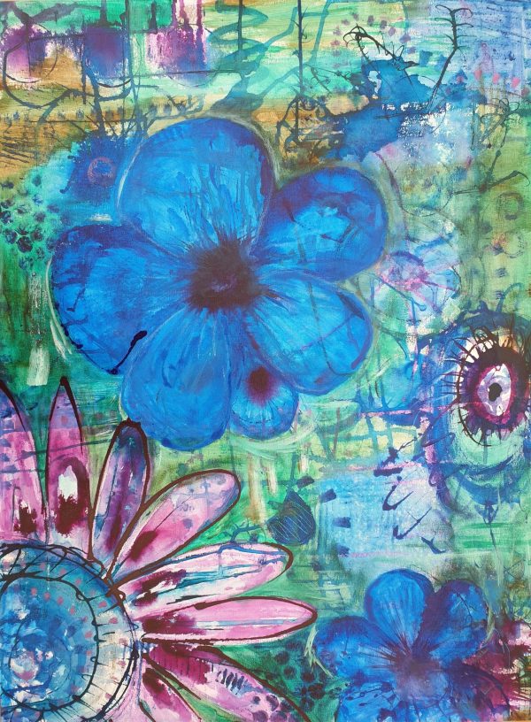 Flowers painted in rich blues and purples with a green background.