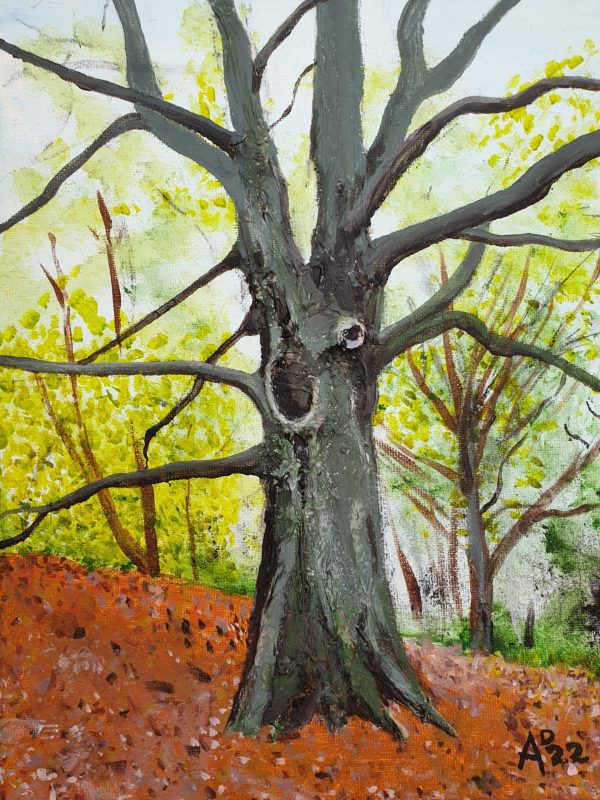 Painting of a leafless tree in an autumnal landscape. The tree appears to be on a sloping hill and a few more lively trees are visible in the background.