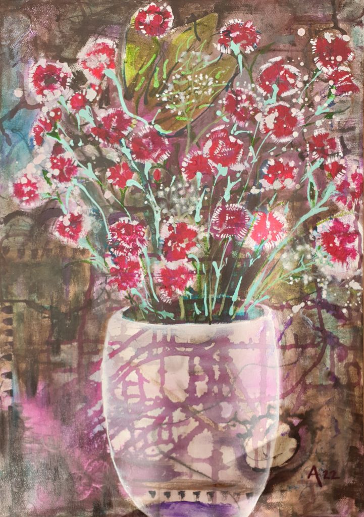 A painting of pink and white carnations in an abstract pale vase. The background features dark and purples tones.