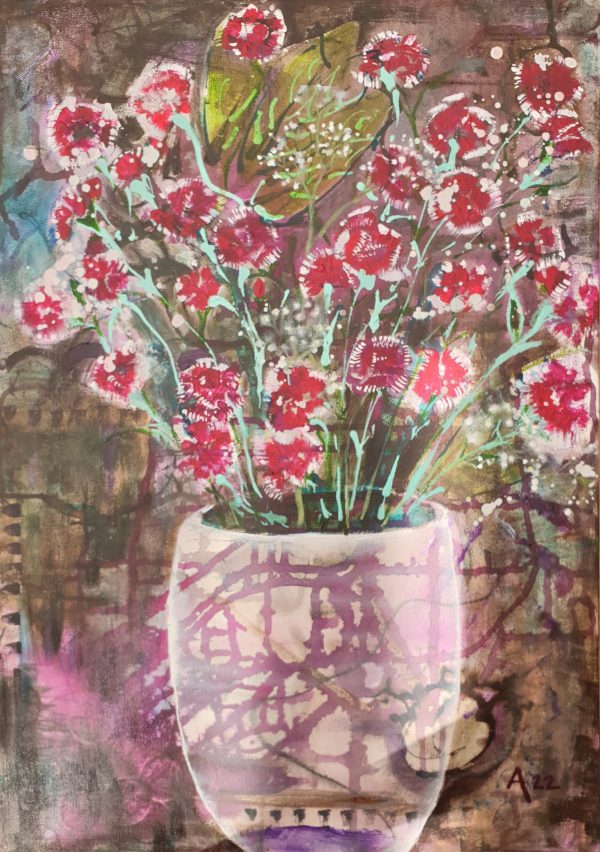 A painting of pink and white carnations in an abstract pale vase. The background features dark and purples tones.